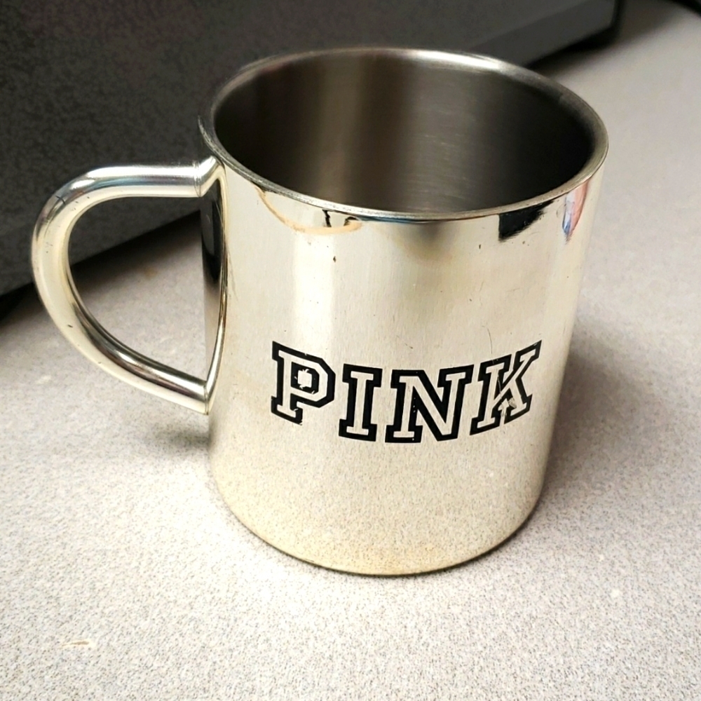 Victoria's Secret Pink silver tin logo dog coffee mug Retro Metalic Y2K